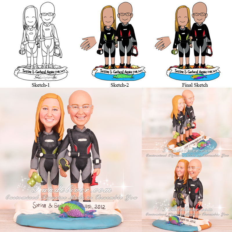 Scuba Divers Cake Topper with Underwater Camera and Parrot Fish